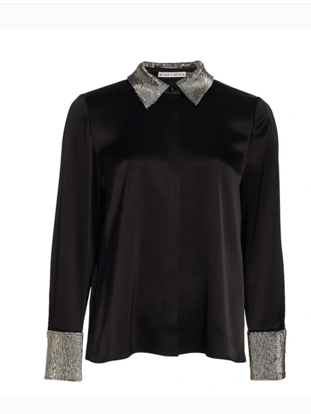 Share Alice + Olivia Women's Willa Black Satin Embellished Blouse, size S/P